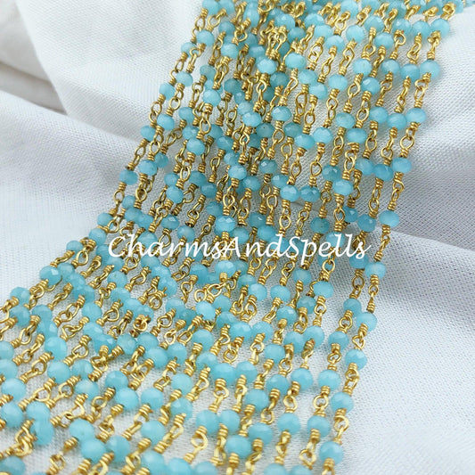 1 Feet Chain, Blue Chalcedony Rosary Chain, Rondelle Beads Chain, Gold Plated Rosary, DIY Jewelry Making Supply, Bead Size 3-3.5mm, Body Chain - Charms And Spells