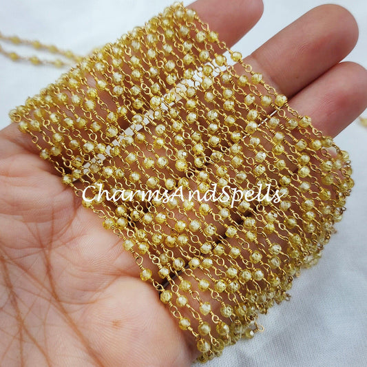 1 Feet Chain, Lemon Topaz Rosary Chain, Rondelle Beads Chain, Gold Plated Rosary, DIY Making Supply, Bead Size 2.5-3mm, Bally Chain - Charms And Spells
