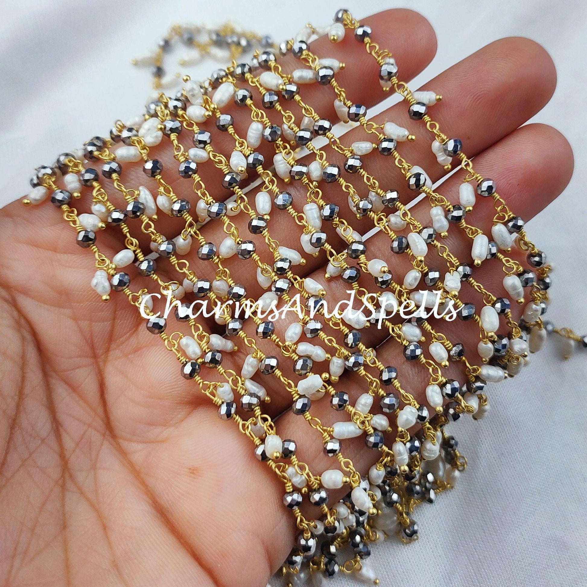 1 Feet Chain, Pyrite Beaded Thick Rosary Chain With Pearls, Rondelle Faceted Gold Plated Chain, Jewelry Findings, DIY Bulk Rosary Chain Rolls - Charms And Spells