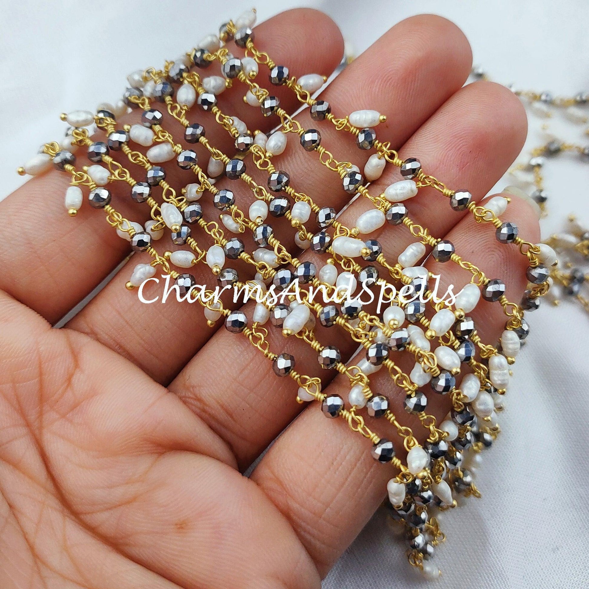 1 Feet Chain, Pyrite Beaded Thick Rosary Chain With Pearls, Rondelle Faceted Gold Plated Chain, Jewelry Findings, DIY Bulk Rosary Chain Rolls - Charms And Spells