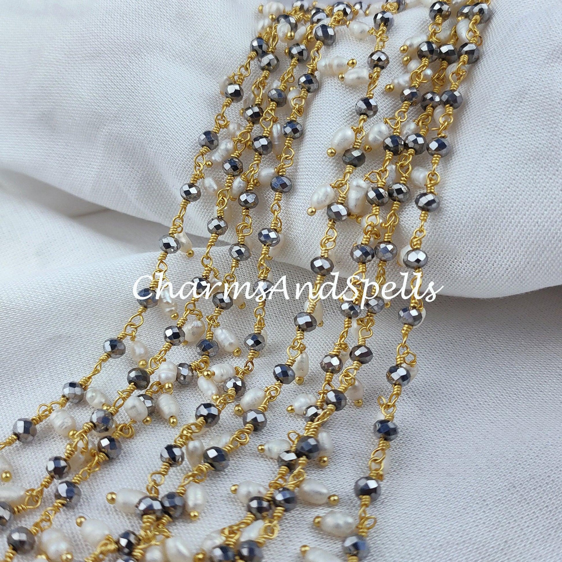 1 Feet Chain, Pyrite Beaded Thick Rosary Chain With Pearls, Rondelle Faceted Gold Plated Chain, Jewelry Findings, DIY Bulk Rosary Chain Rolls - Charms And Spells