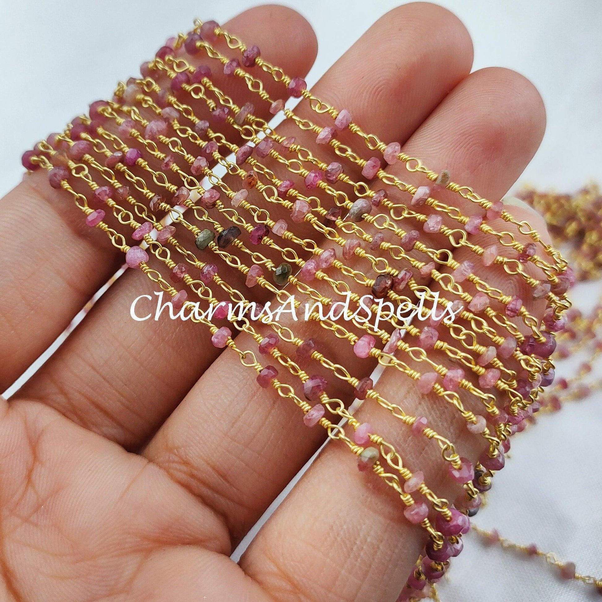 1 Feet Chain, Pink Tourmaline Rosary Chain, 14K Gold Plated Wire Wrap Chain, Pink Rosary, Gemstone Rosary Chain For Making Jewelry, Necklace Making - Charms And Spells