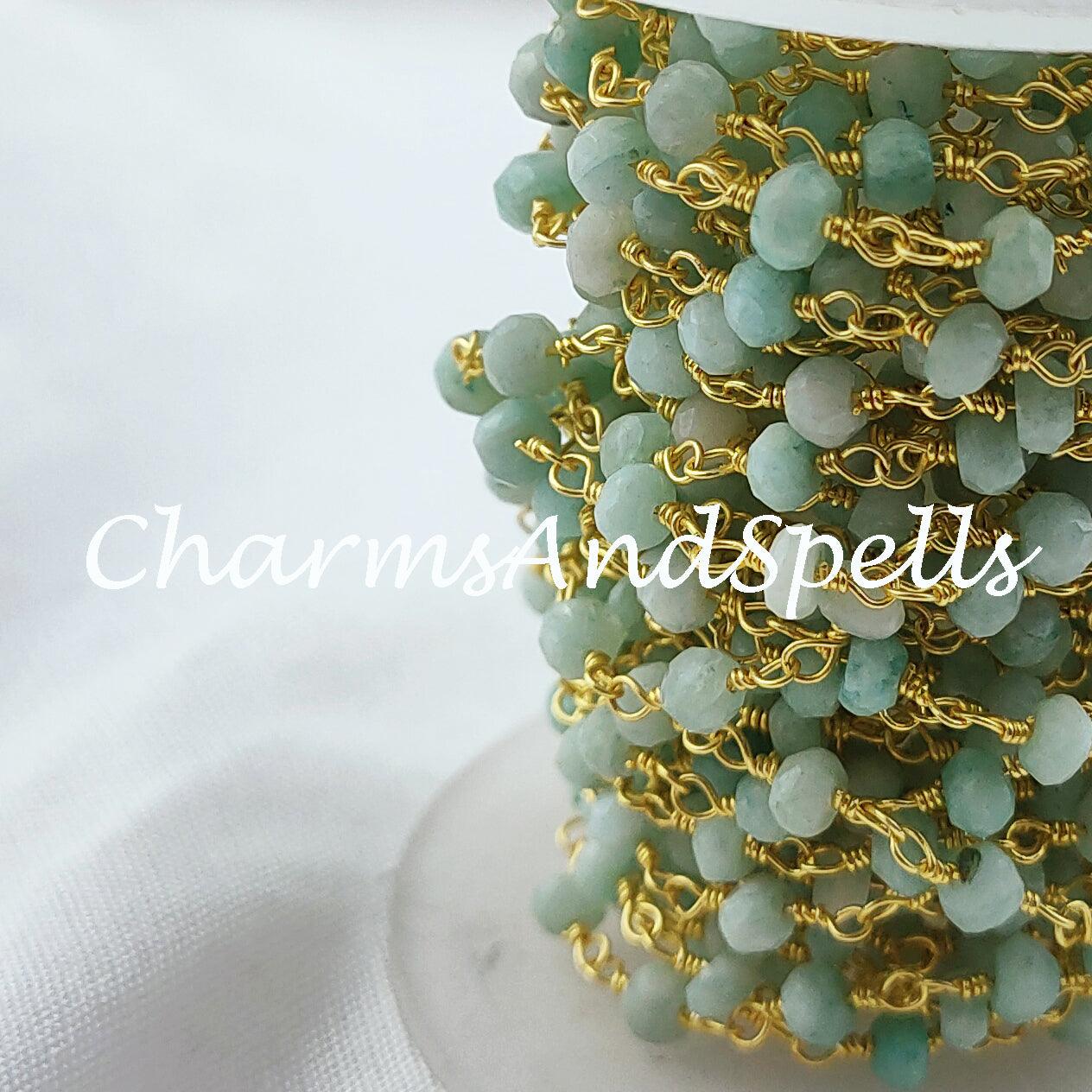 1,2,5,10,25 Ft Amazonite Rondelle Beaded Rosary Chain, 14K Gold Plated Wire, Jewelry Making, Wire Wrapped Chain 3.5-4mm Bead - Charms And Spells