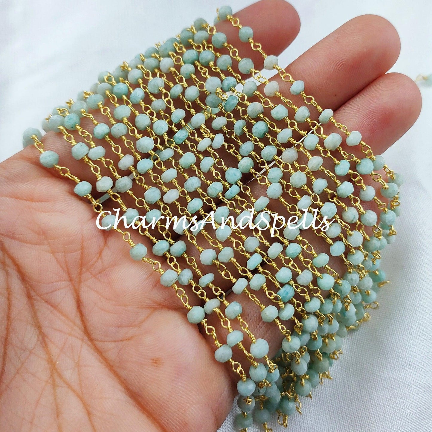 1,2,5,10,25 Ft Amazonite Rondelle Beaded Rosary Chain, 14K Gold Plated Wire, Jewelry Making, Wire Wrapped Chain 3.5-4mm Bead - Charms And Spells