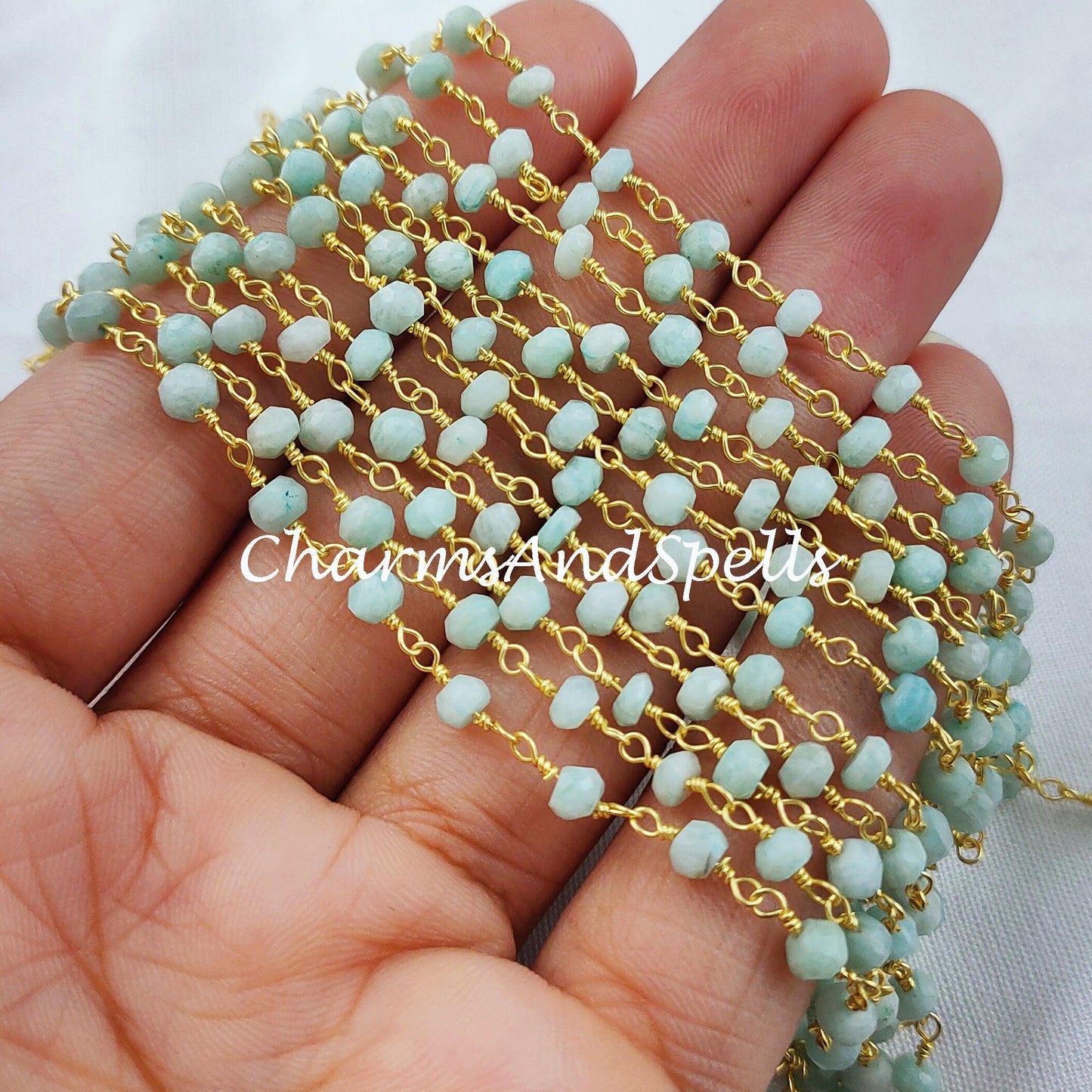 1,2,5,10,25 Ft Amazonite Rondelle Beaded Rosary Chain, 14K Gold Plated Wire, Jewelry Making, Wire Wrapped Chain 3.5-4mm Bead - Charms And Spells