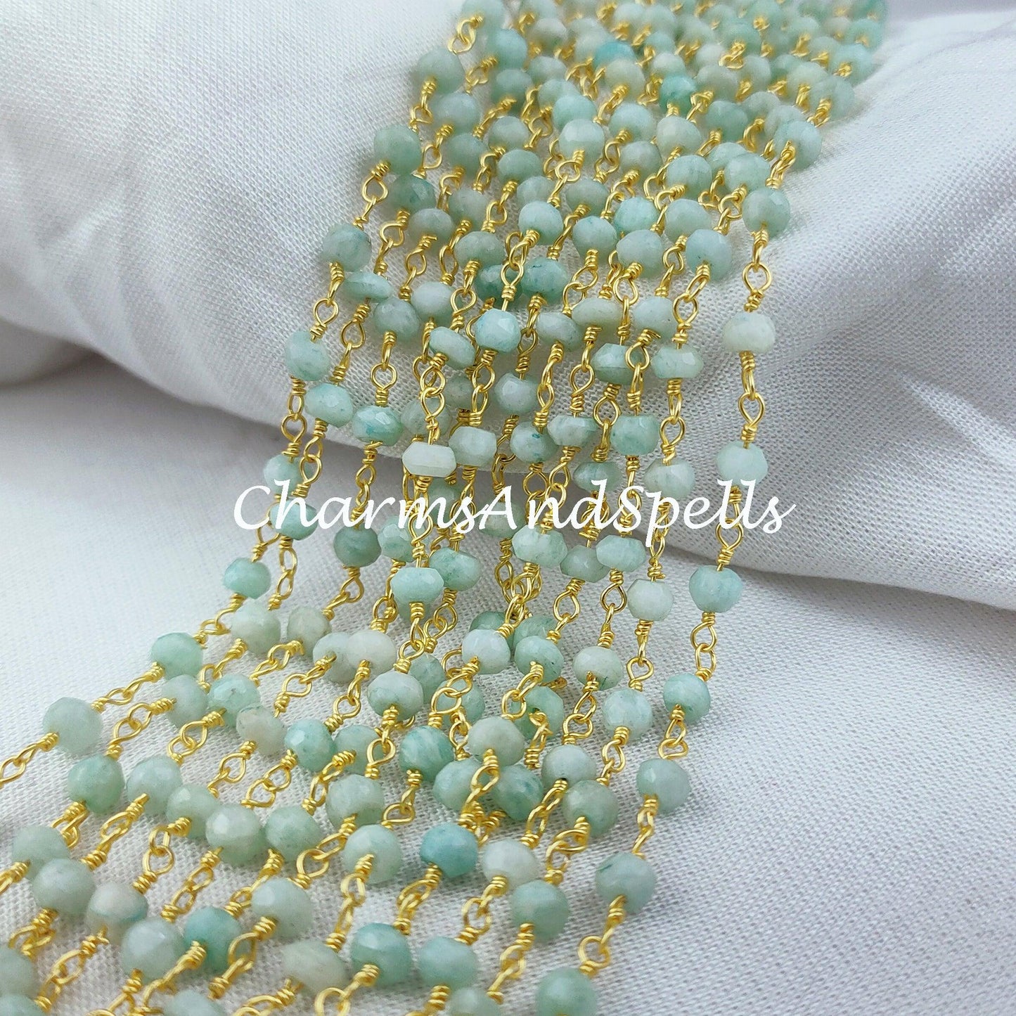 1,2,5,10,25 Ft Amazonite Rondelle Beaded Rosary Chain, 14K Gold Plated Wire, Jewelry Making, Wire Wrapped Chain 3.5-4mm Bead - Charms And Spells