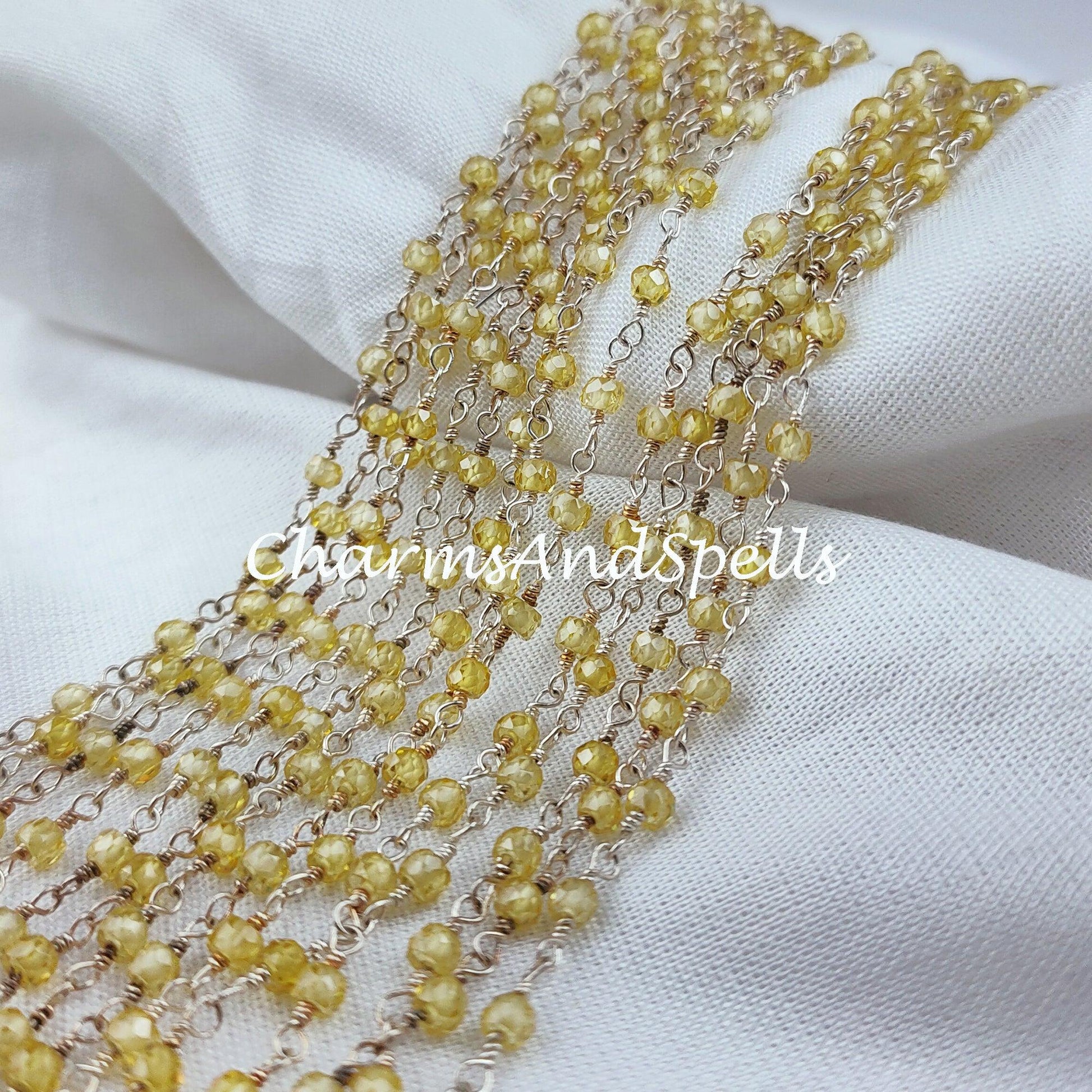 1 Feet Chain, Lemon Topaz Beaded Rosary Chain, Rondelle Faceted 3mm 925 Silver Plated Chain, Jewelry Findings, Rosary Chain Rolls - Charms And Spells