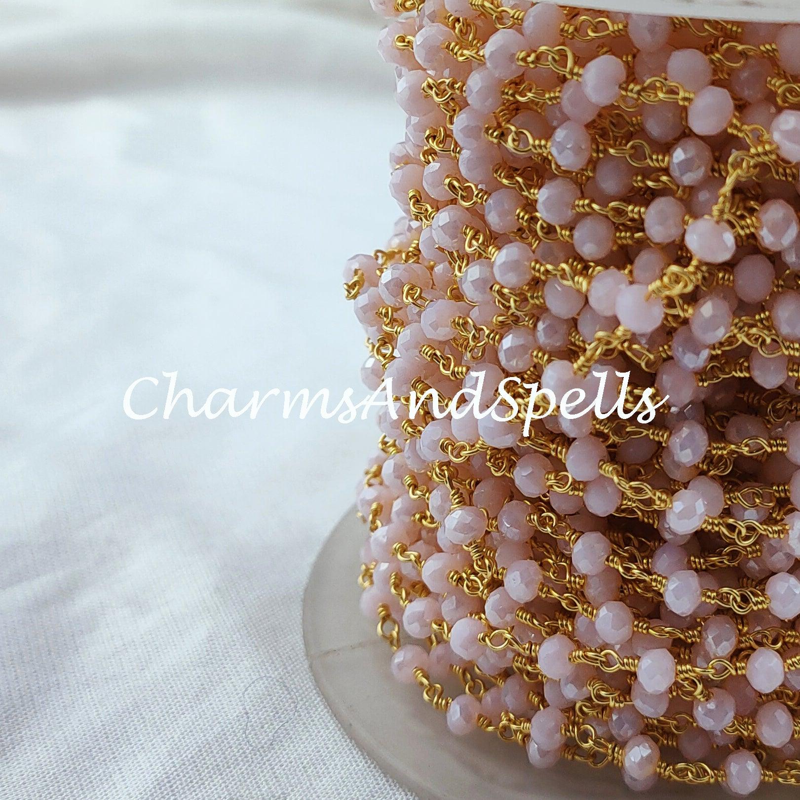 1 Feet Chain, Coated Pink Chalcedony Rosary Chain, Rondelle Beads Chain, Gold Plated Chain, DIY Jewelry Making Supply,Pink Stone Chain - Charms And Spells