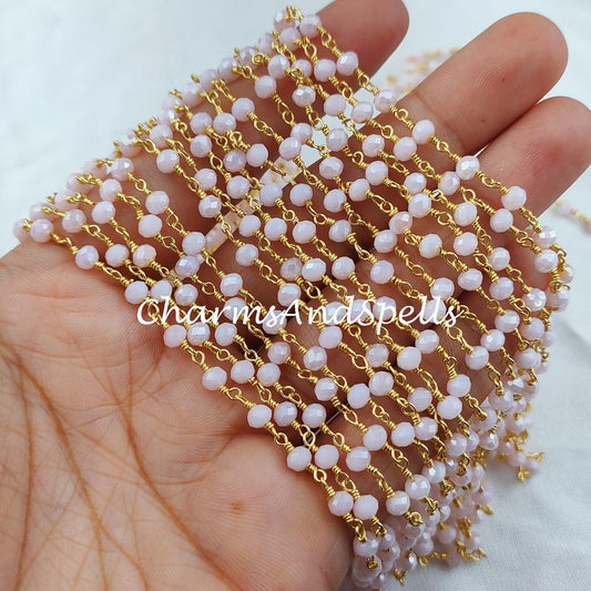 1 Feet Chain, Coated Pink Chalcedony Rosary Chain, Rondelle Beads Chain, Gold Plated Chain, DIY Jewelry Making Supply,Pink Stone Chain - Charms And Spells