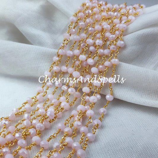 1 Feet Chain, Coated Pink Chalcedony Rosary Chain, Rondelle Beads Chain, Gold Plated Chain, DIY Jewelry Making Supply,Pink Stone Chain - Charms And Spells