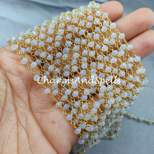 1 Feet Chain, Opalite Rondelle Rosary Chain, Rondelle Gemstone Beads, White Beaded Chain, Gold Plated Chain, DIY Necklace Chain, DIY Jewelry Making - Charms And Spells