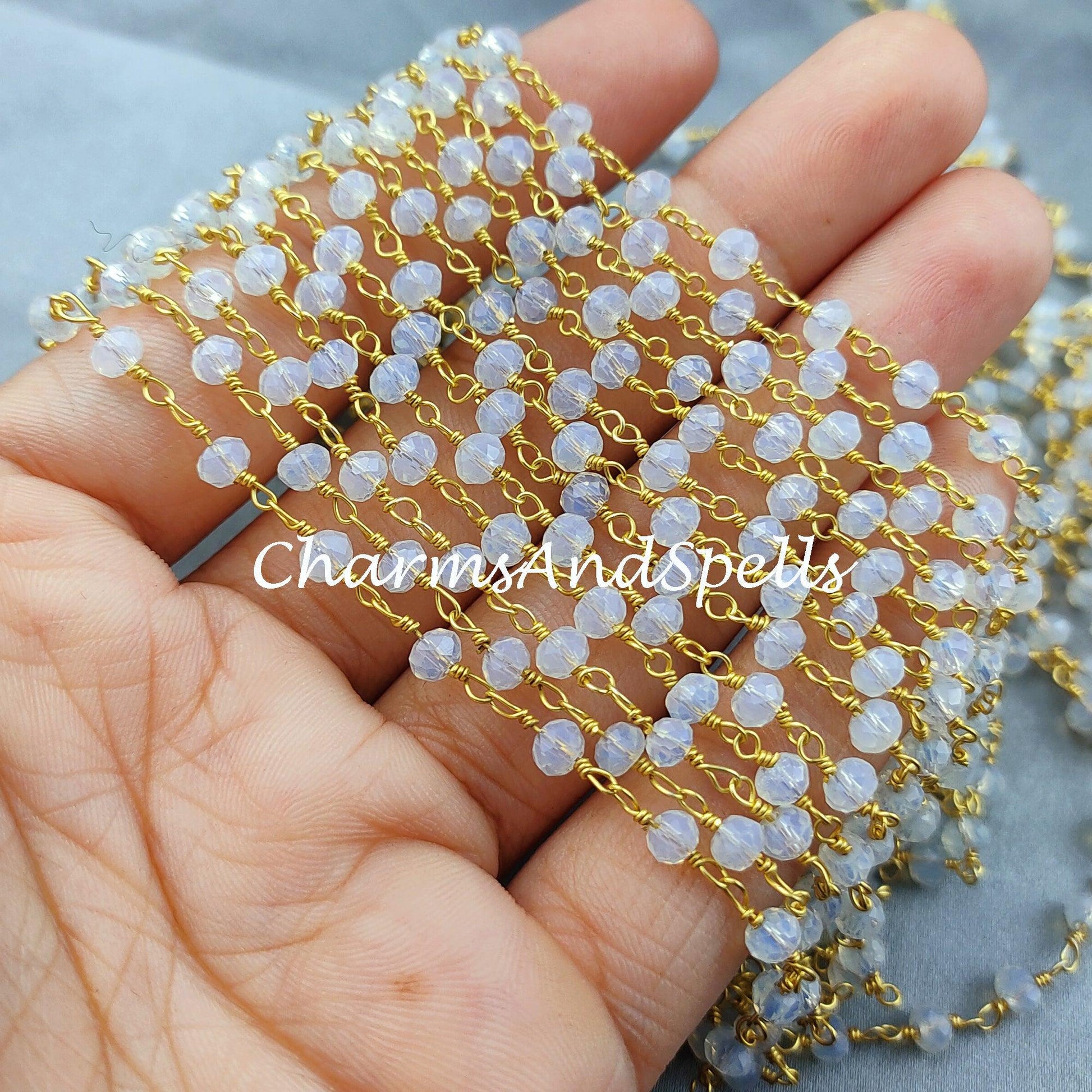 1 Feet Chain, Opalite Rondelle Rosary Chain, Rondelle Gemstone Beads, White Beaded Chain, Gold Plated Chain, DIY Necklace Chain - Charms And Spells