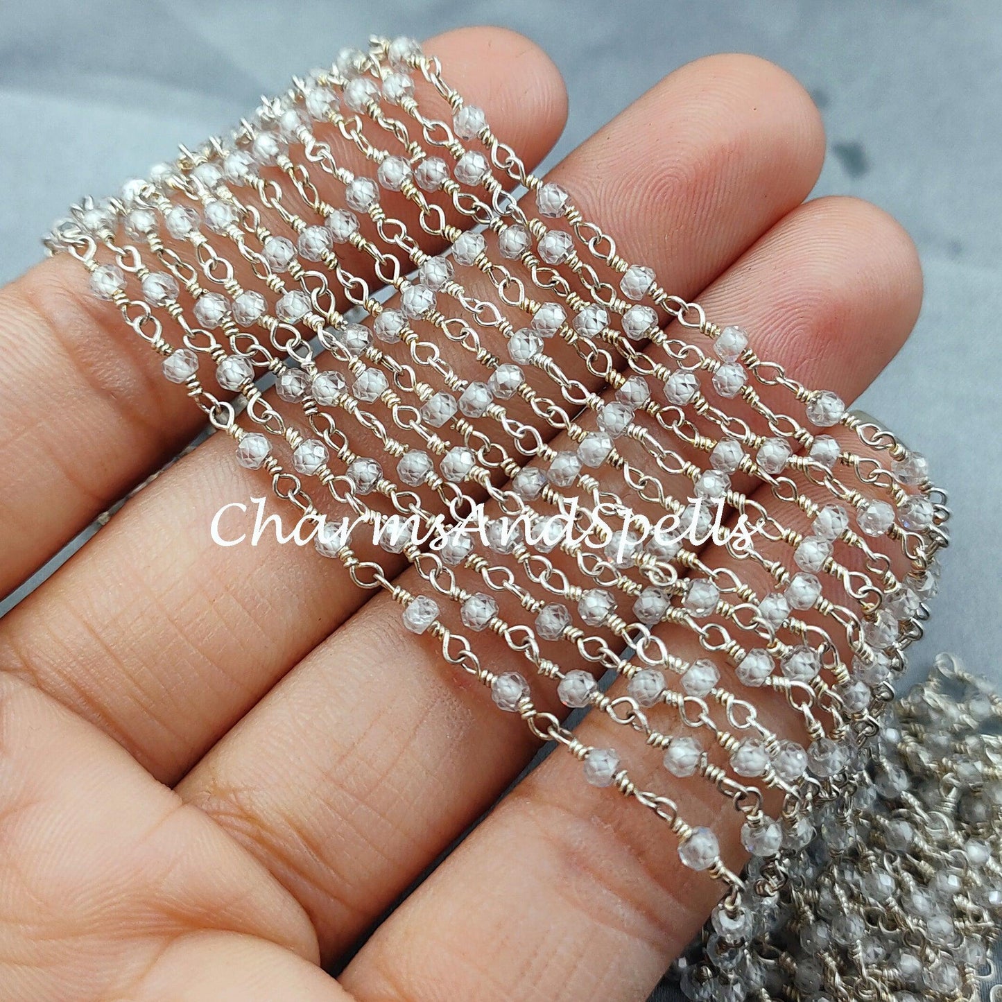 1 Feet Chain, Crystal Beaded Chain, Necklace Chain, Wire Wrapped Gemstone Beaded Chain, Silver Plated Chain, Rosary Chain, Blue Gemstone Chain - Charms And Spells