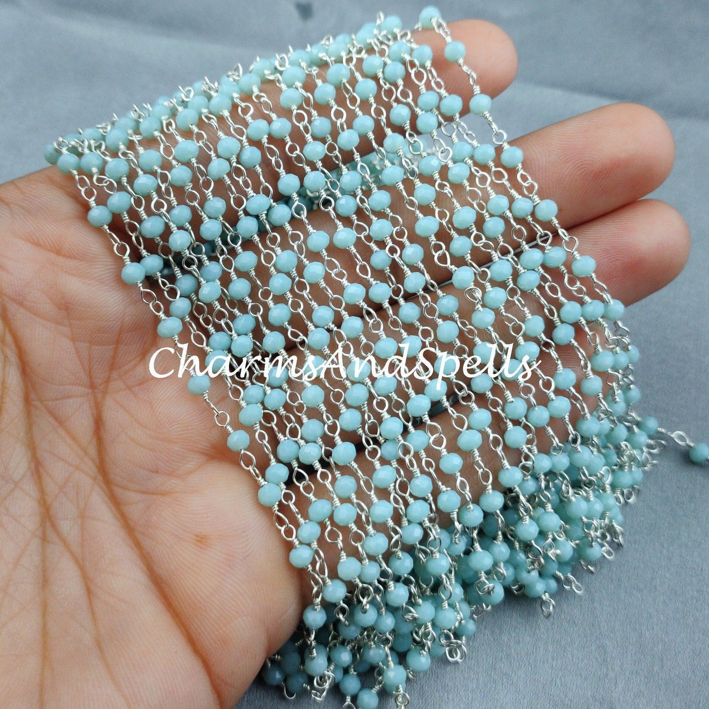 1,2,5,10,25 Ft Blue Chalcedony Rondelle Beaded Rosary Chain, 925 Silver Plated Wire, Jewelry Making, Wire Wrapped Chain 3-3.5mm - Charms And Spells