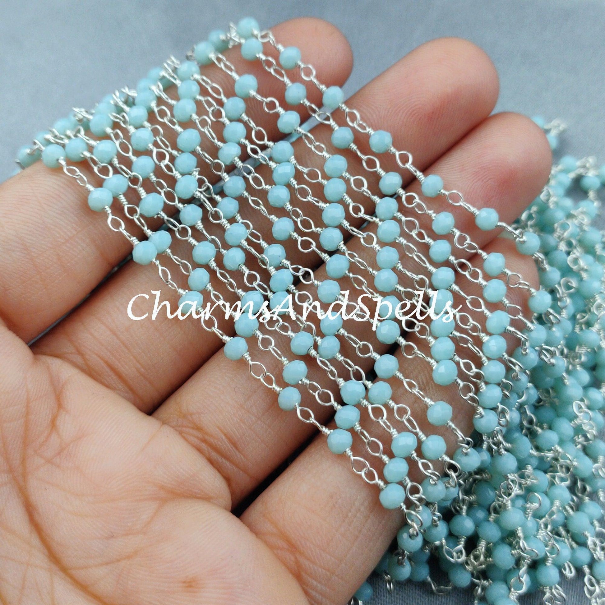 1,2,5,10,25 Ft Blue Chalcedony Rondelle Beaded Rosary Chain, 925 Silver Plated Wire, Jewelry Making, Wire Wrapped Chain 3-3.5mm - Charms And Spells