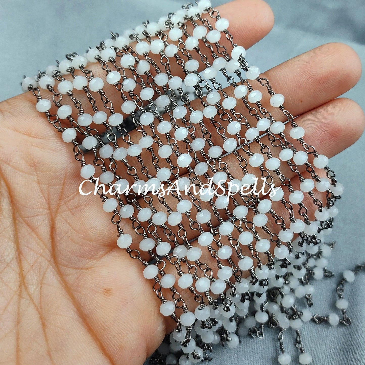 1 Feet Chain, Finished White Agate Beaded Chain, Wire Wrapped Beaded Chain, Rosary Bead Chain Semi Precious, Quartz Chain , DIY Jewelry Making Chain - Charms And Spells