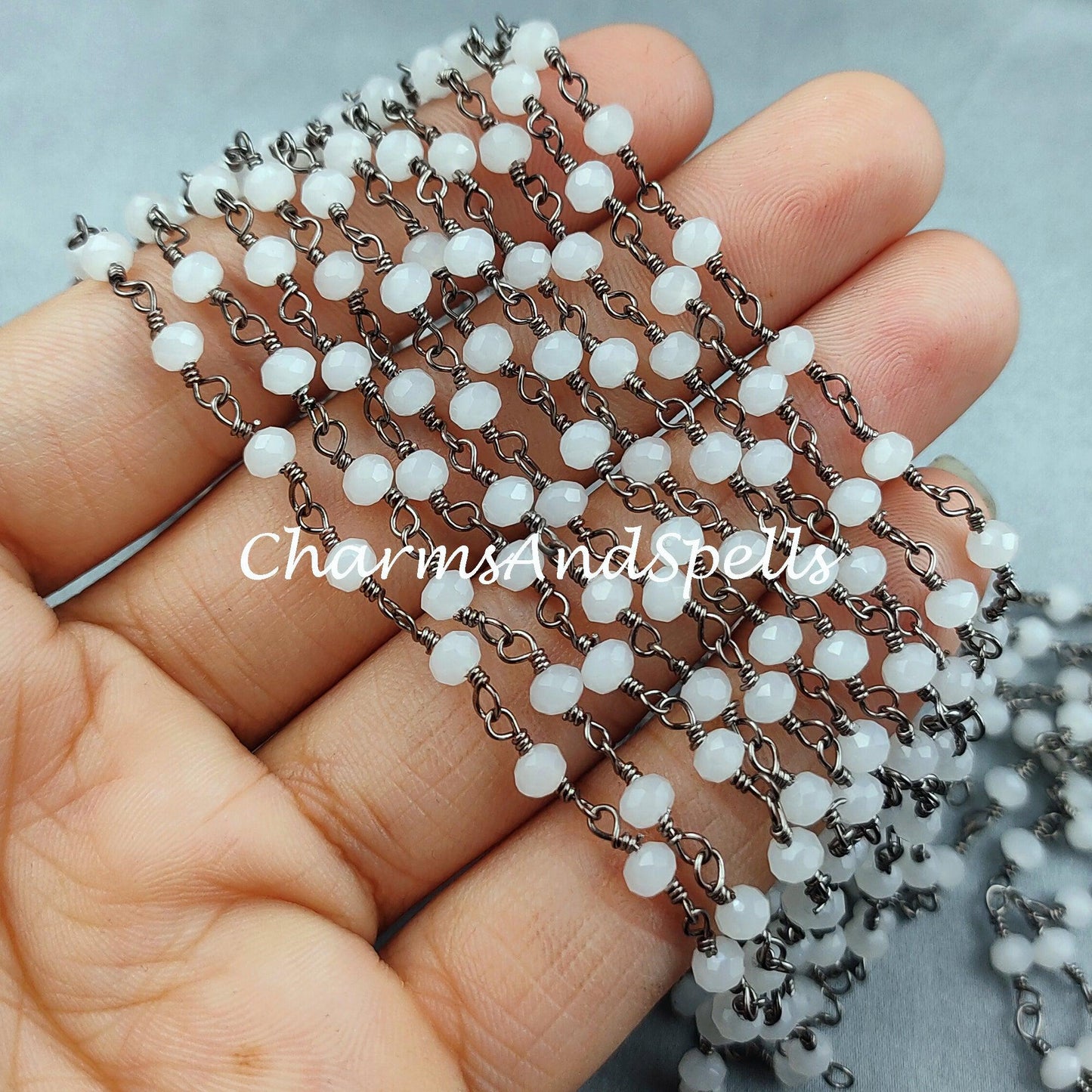 1 Feet Chain, Finished White Agate Beaded Chain, Wire Wrapped Beaded Chain, Rosary Bead Chain Semi Precious, Quartz Chain , DIY Jewelry Making Chain - Charms And Spells