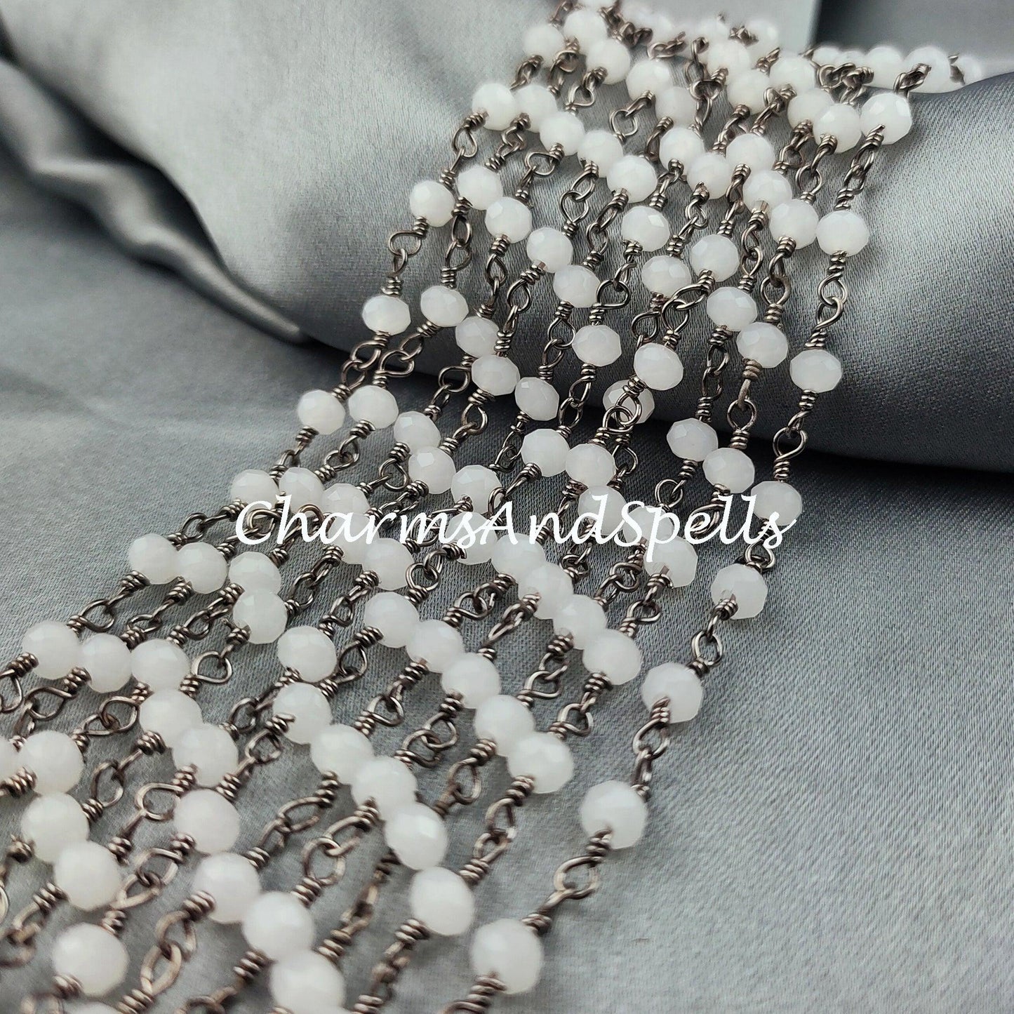 1 Feet Chain, Finished White Agate Beaded Chain, Wire Wrapped Beaded Chain, Rosary Bead Chain Semi Precious, Quartz Chain , DIY Jewelry Making Chain - Charms And Spells