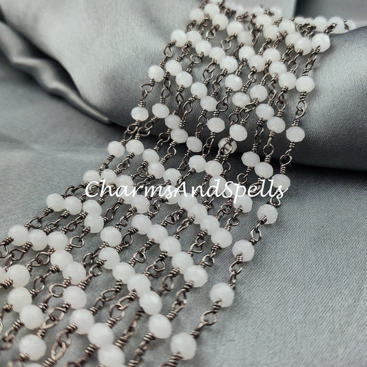 1 Feet Chain, Finished White Agate Beaded Chain, Wire Wrapped Beaded Chain, Rosary Bead Chain Semi Precious, Quartz Chain , DIY Jewelry Making Chain - Charms And Spells