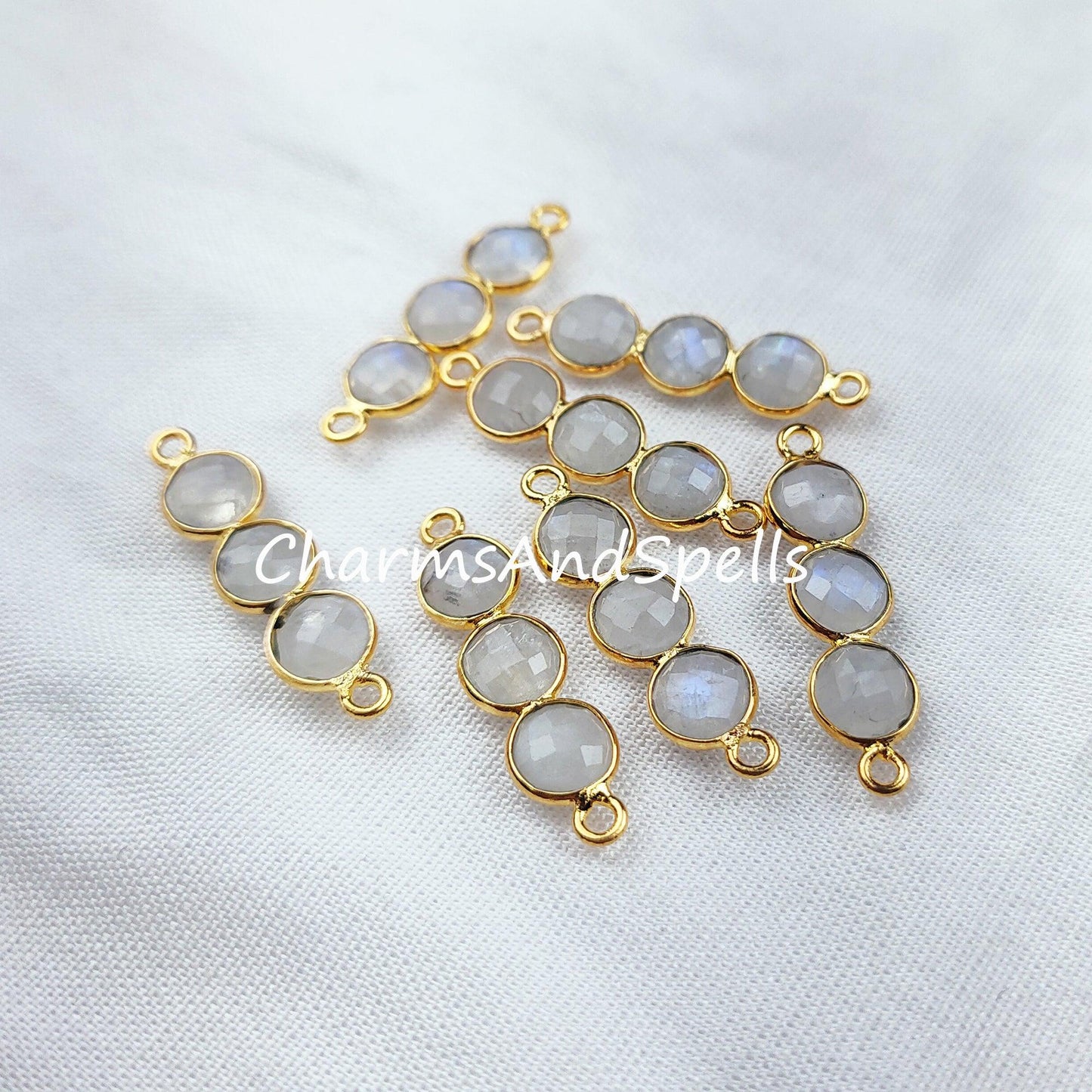 Rainbow Moonstone Connector, 2.5cm Moonstone Bracelet Connector, Gold Plated Double Bail Bar Connector, Sold By Piece - Charms And Spells