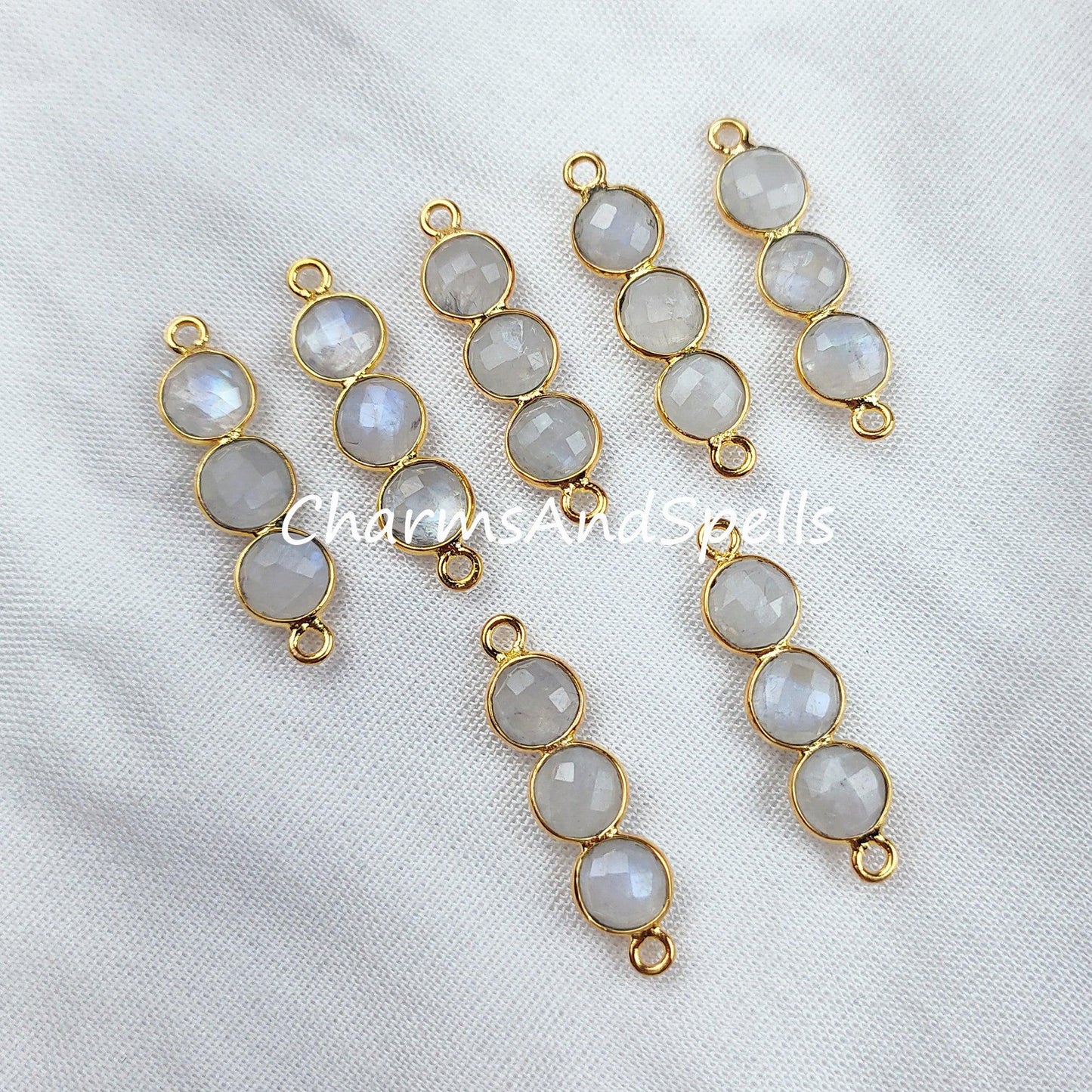 Rainbow Moonstone Connector, 2.5cm Moonstone Bracelet Connector, Gold Plated Double Bail Bar Connector, Sold By Piece - Charms And Spells