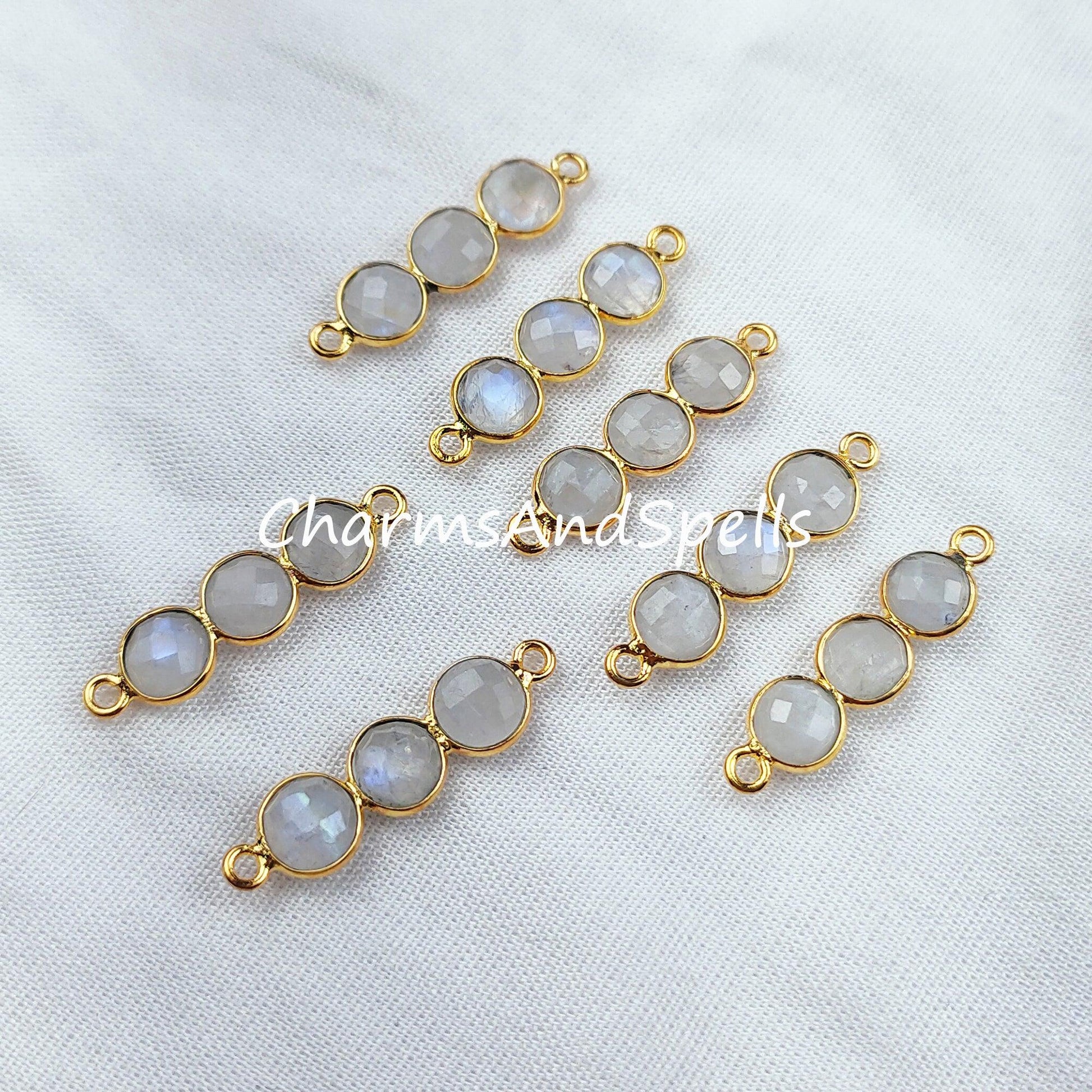 Rainbow Moonstone Connector, 2.5cm Moonstone Bracelet Connector, Gold Plated Double Bail Bar Connector, Sold By Piece - Charms And Spells