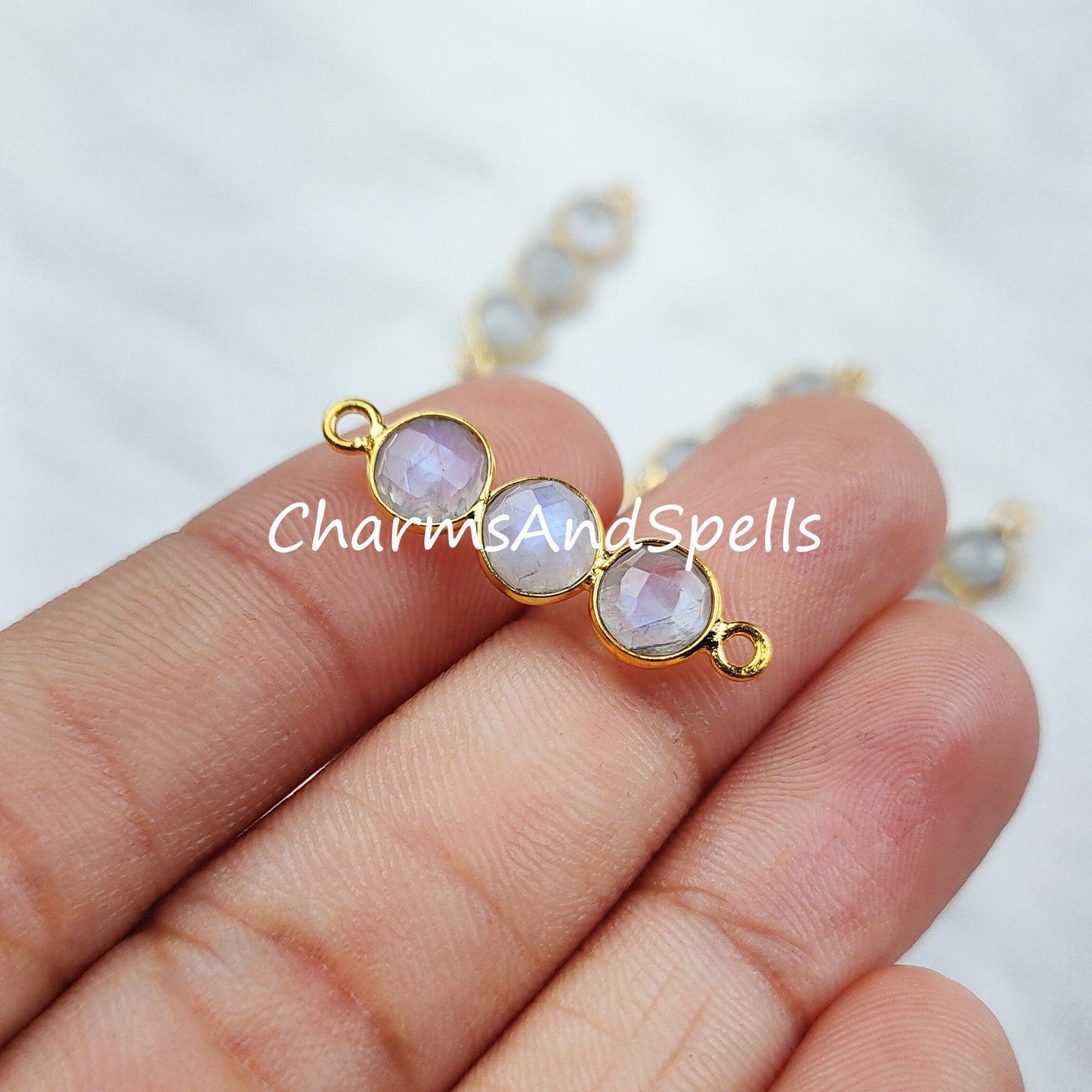 Rainbow Moonstone Connector, 2.5cm Moonstone Bracelet Connector, Gold Plated Double Bail Bar Connector, Sold By Piece - Charms And Spells