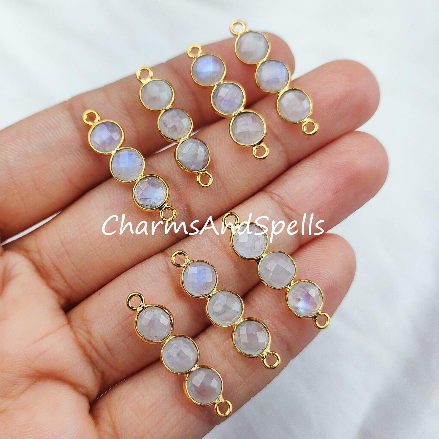 Rainbow Moonstone Connector, 2.5cm Moonstone Bracelet Connector, Gold Plated Double Bail Bar Connector, Sold By Piece - Charms And Spells