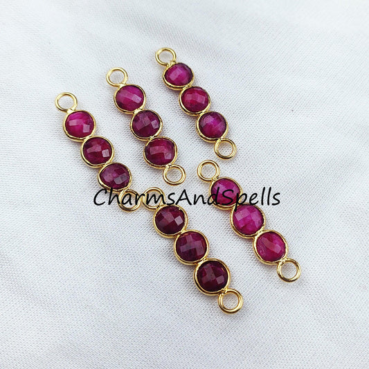 Ruby Bar Connector, 2.5cm Faceted Ruby Double Bail Connector, Birthstone Bracelet Charms, 14K Gold Plated Connector, Sold By Piece - Charms And Spells