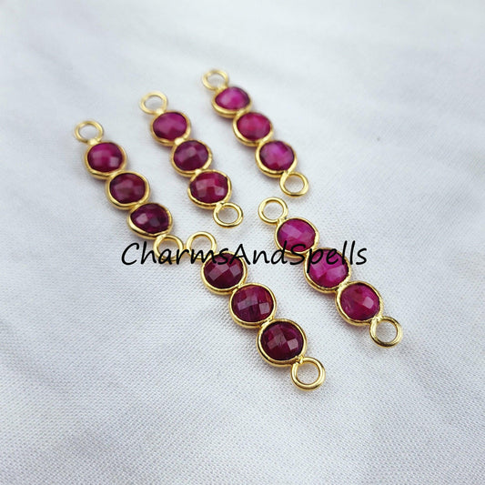 Ruby Bar Connector, 2.5cm Faceted Ruby Double Bail Connector, Birthstone Bracelet Charms, 14K Gold Plated Connector, Sold By Piece - Charms And Spells