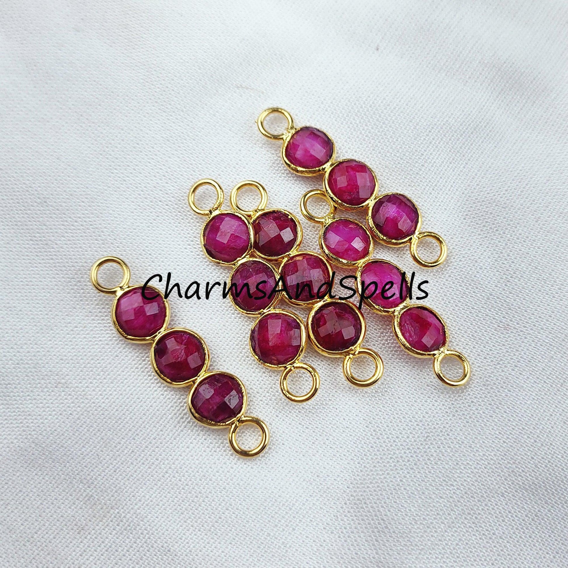 Ruby Bar Connector, 2.5cm Faceted Ruby Double Bail Connector, Birthstone Bracelet Charms, 14K Gold Plated Connector, Sold By Piece - Charms And Spells