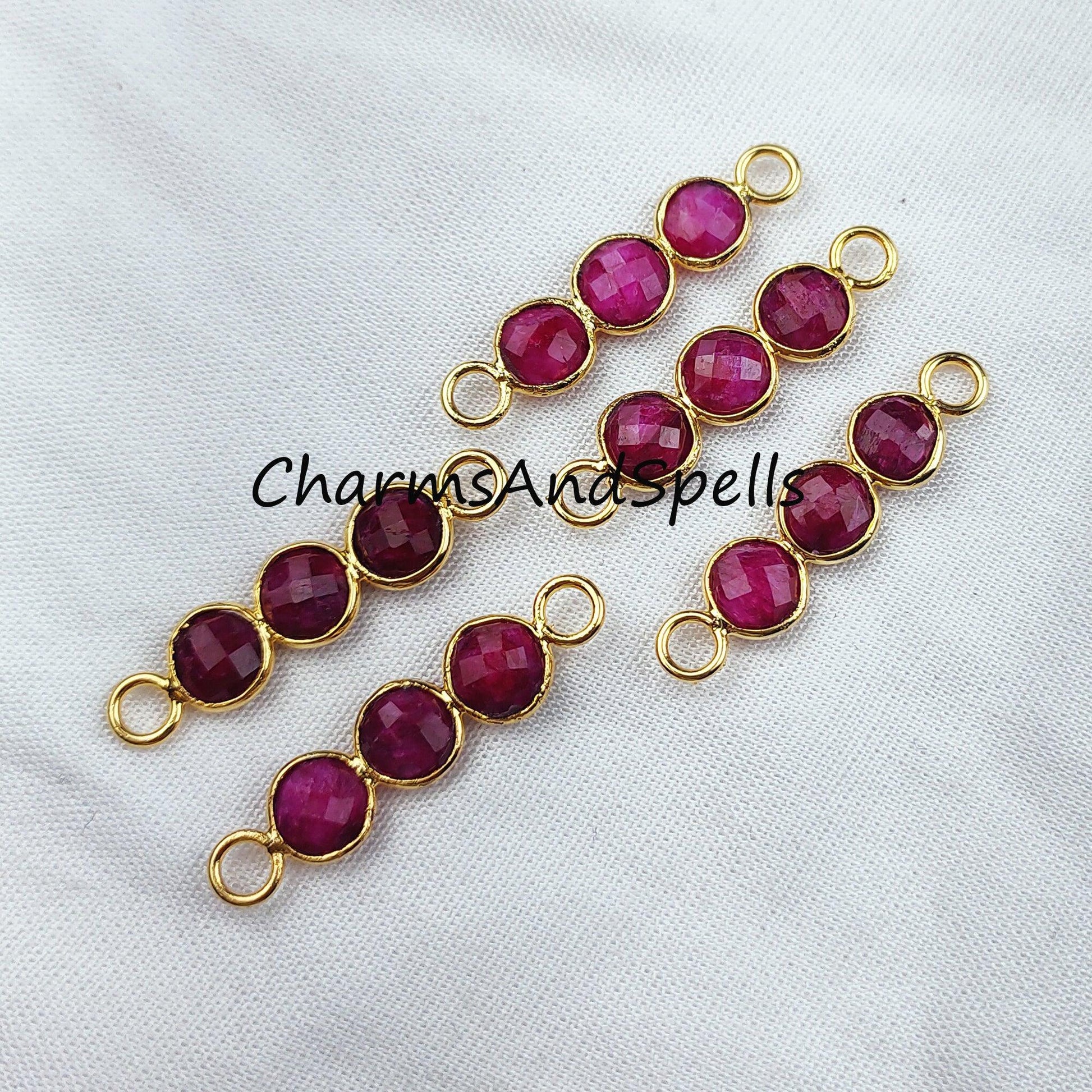 Ruby Bar Connector, 2.5cm Faceted Ruby Double Bail Connector, Birthstone Bracelet Charms, 14K Gold Plated Connector, Sold By Piece - Charms And Spells