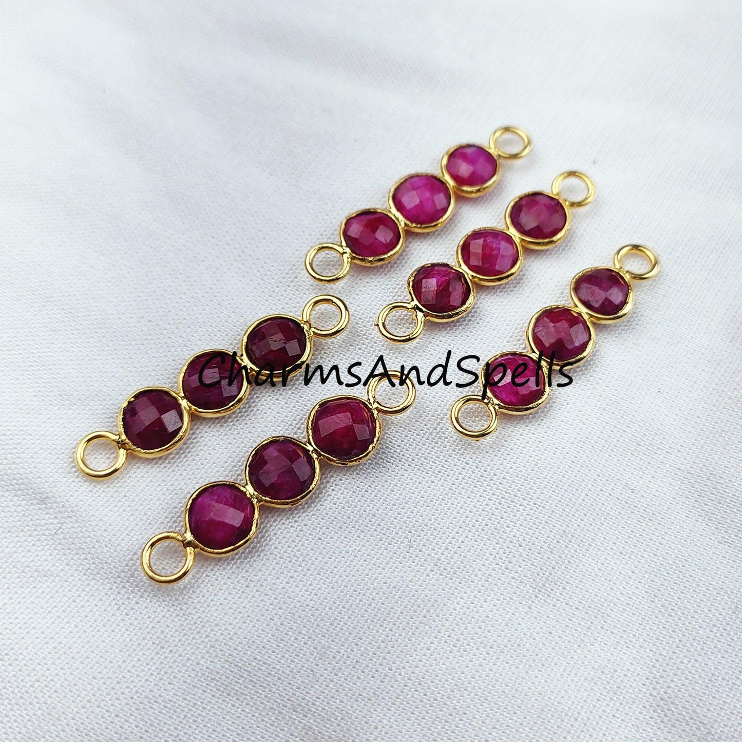 Ruby Bar Connector, 2.5cm Faceted Ruby Double Bail Connector, Birthstone Bracelet Charms, 14K Gold Plated Connector, Sold By Piece - Charms And Spells