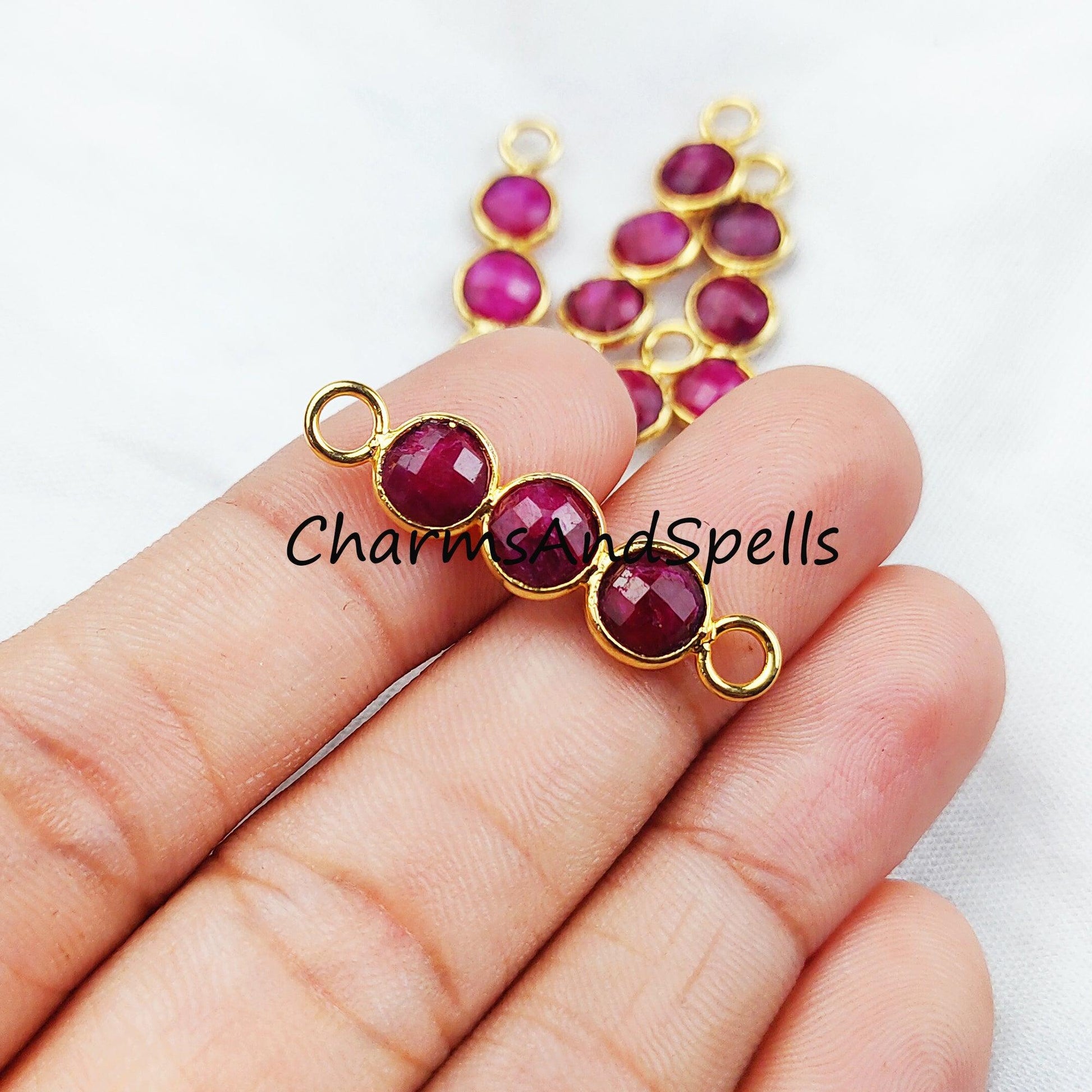 Ruby Bar Connector, 2.5cm Faceted Ruby Double Bail Connector, Birthstone Bracelet Charms, 14K Gold Plated Connector, Sold By Piece - Charms And Spells