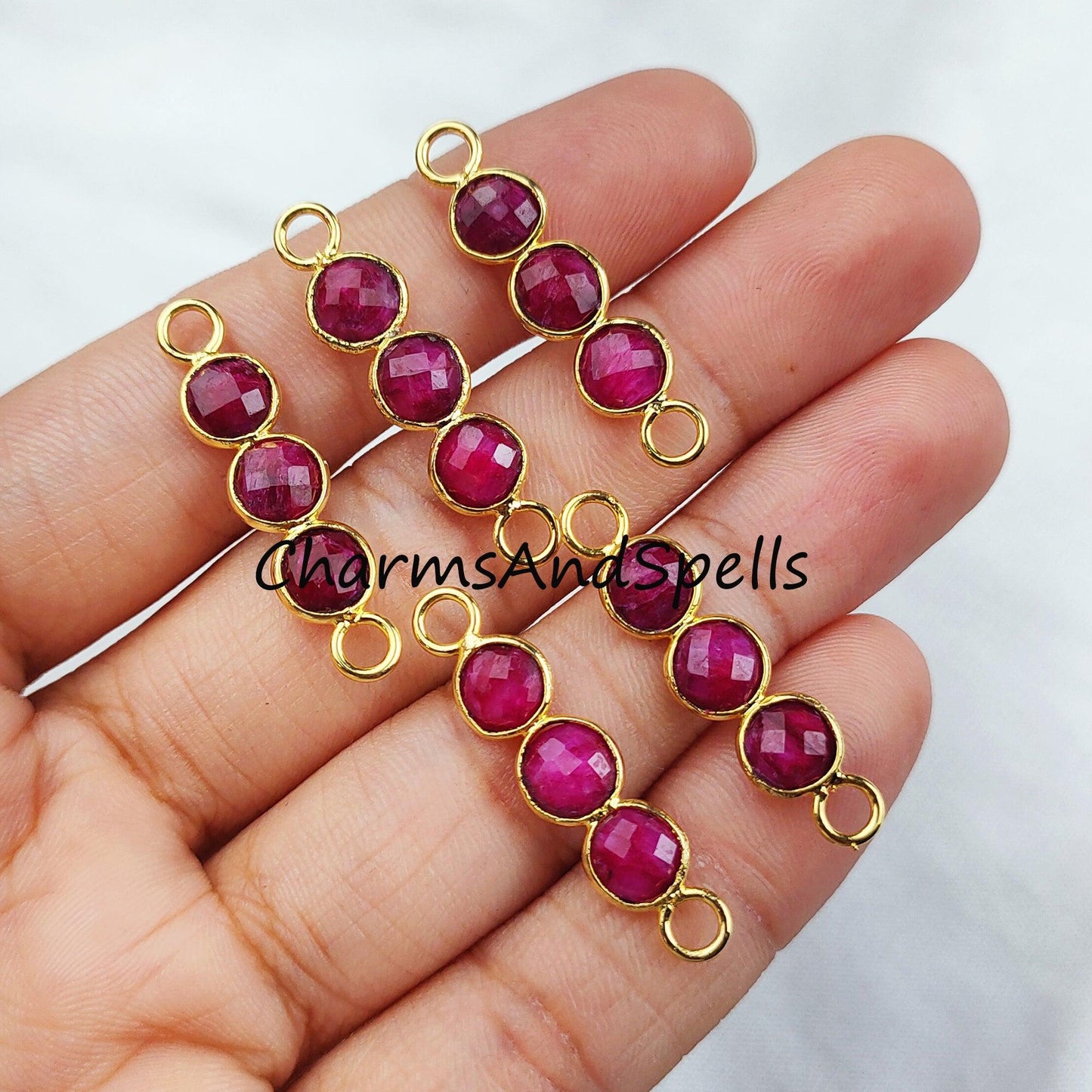 Ruby Bar Connector, 2.5cm Faceted Ruby Double Bail Connector, Birthstone Bracelet Charms, 14K Gold Plated Connector, Sold By Piece - Charms And Spells