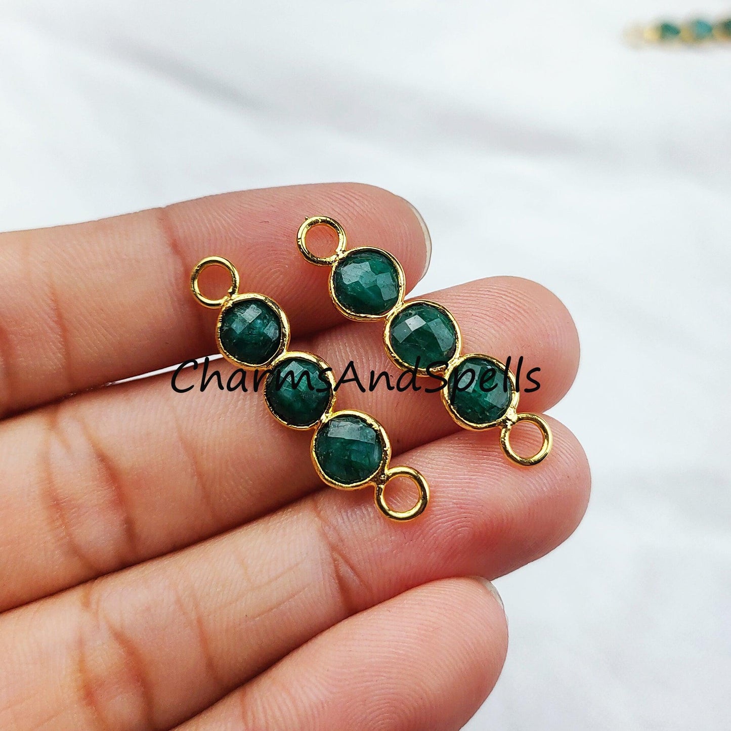 Emerald Connectors, Faceted Emerald Double Bail Connectors, 14K Gold Plated Connector, Sold By Piece - Charms And Spells