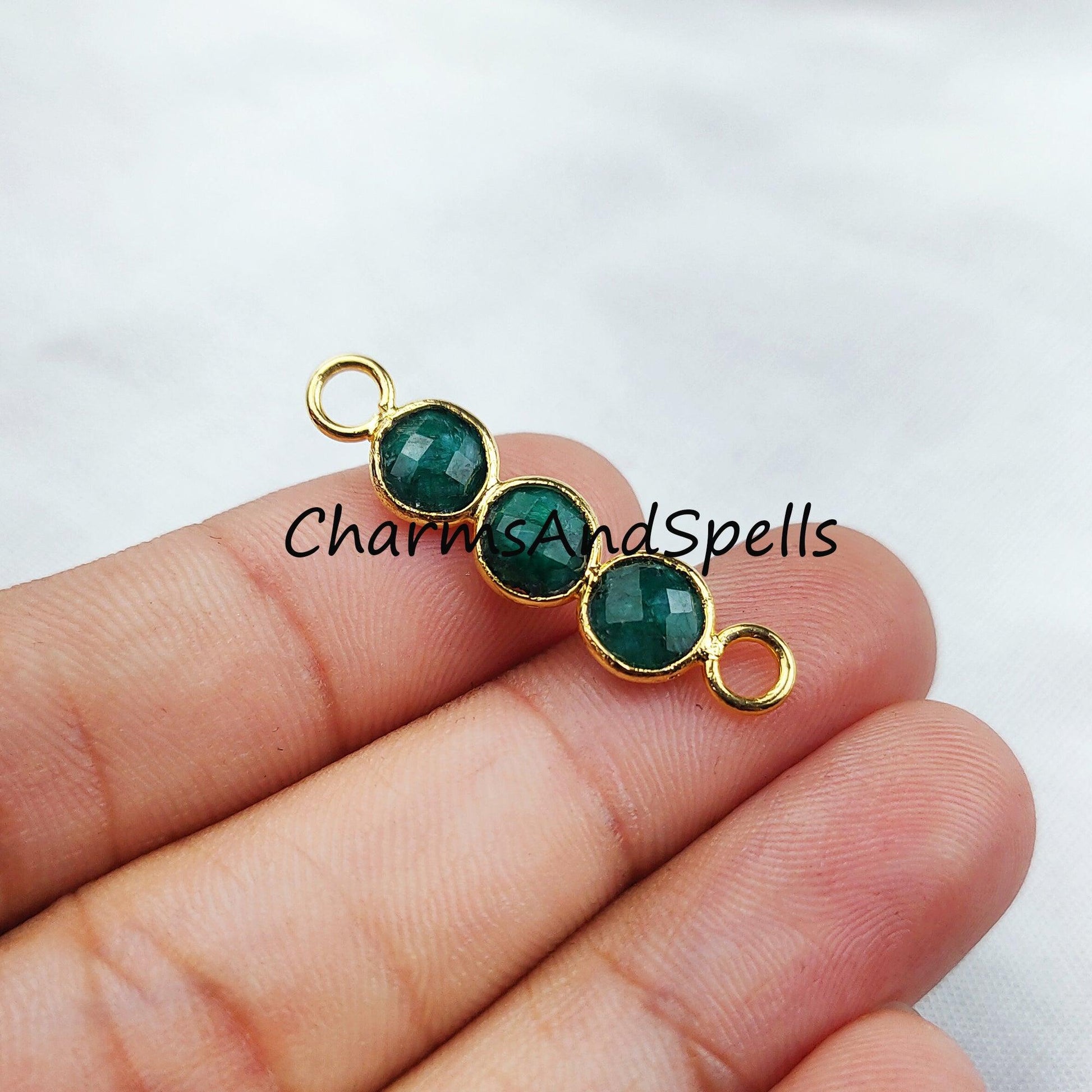 Emerald Connectors, Faceted Emerald Double Bail Connectors, 14K Gold Plated Connector, Sold By Piece - Charms And Spells