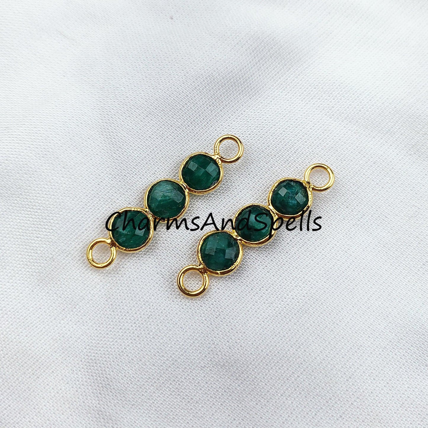 Emerald Connectors, Faceted Emerald Double Bail Connectors, 14K Gold Plated Connector, Sold By Piece - Charms And Spells