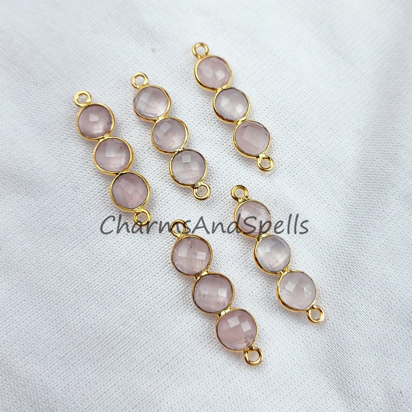 Faceted Rose Quartz Bar Shape Connector, 14K Gold Plated Connector & Charms, 2.5cm Faceted Charms Connector, Sold By Piece - Charms And Spells