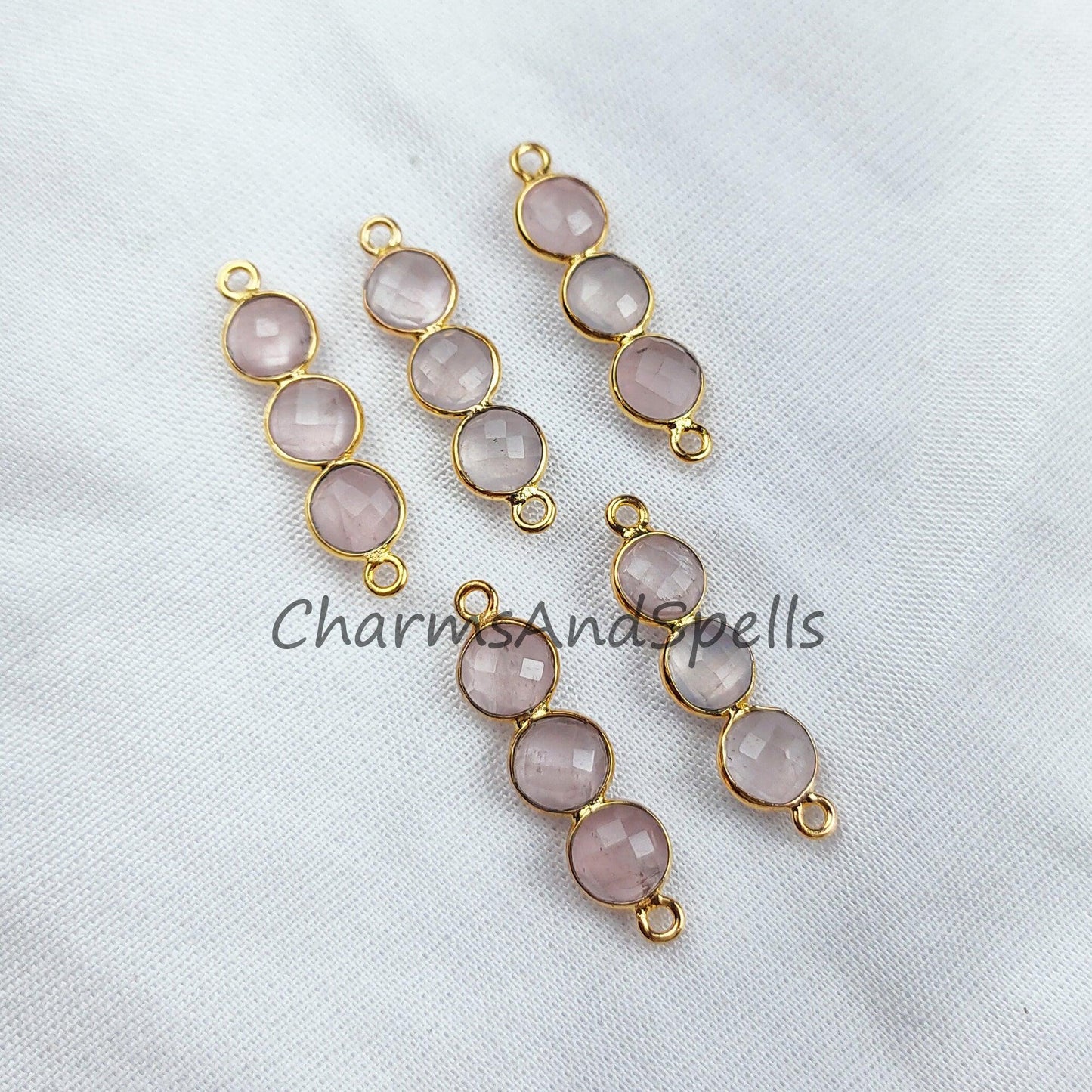 Faceted Rose Quartz Bar Shape Connector, 14K Gold Plated Connector & Charms, 2.5cm Faceted Charms Connector, Sold By Piece - Charms And Spells