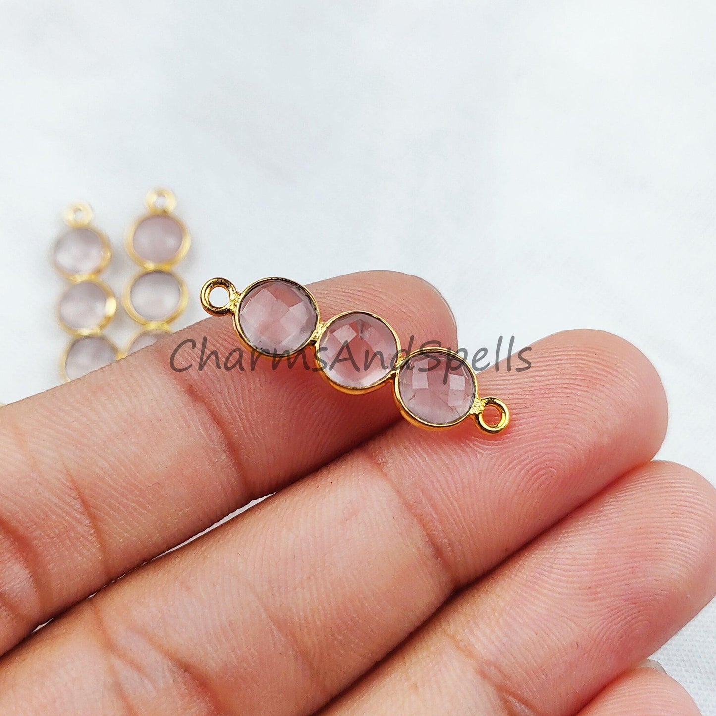 Faceted Rose Quartz Bar Shape Connector, 14K Gold Plated Connector & Charms, 2.5cm Faceted Charms Connector, Sold By Piece - Charms And Spells