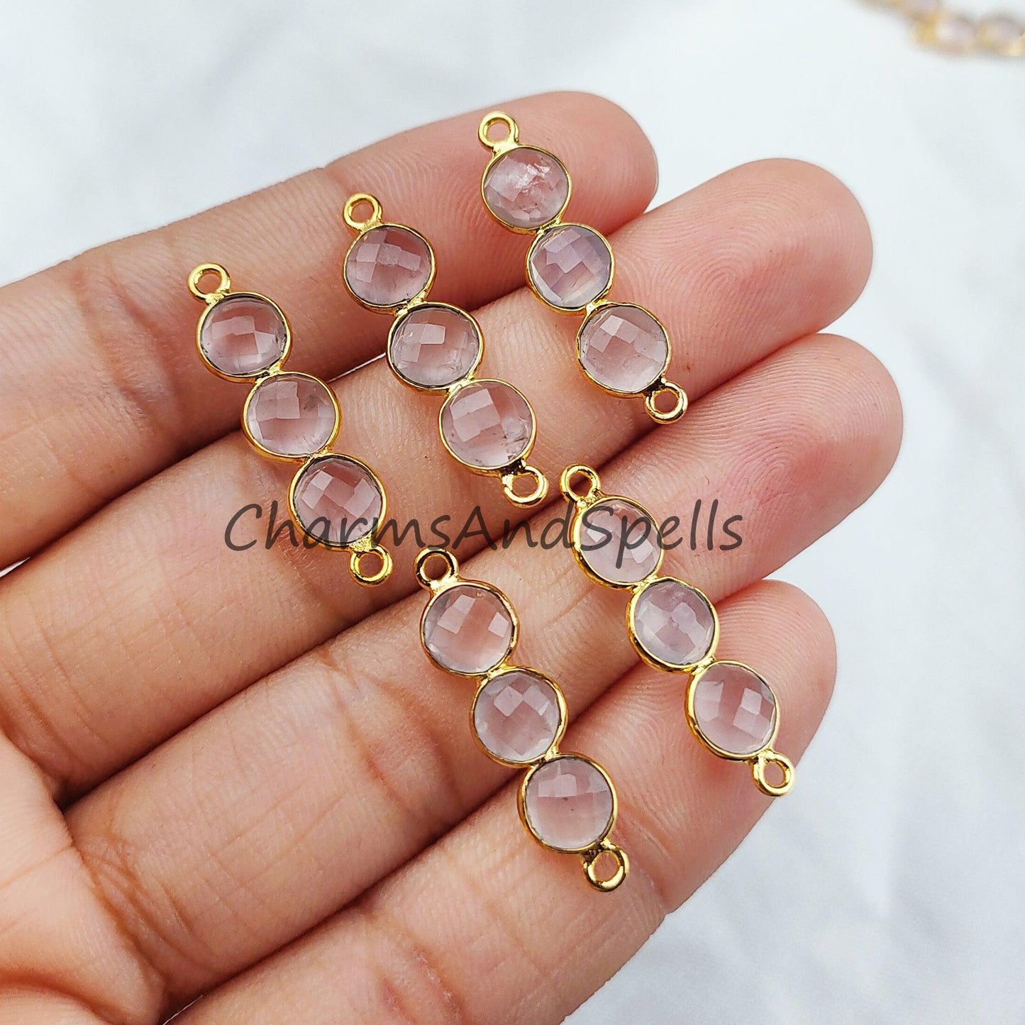 Faceted Rose Quartz Bar Shape Connector, 14K Gold Plated Connector & Charms, 2.5cm Faceted Charms Connector, Sold By Piece - Charms And Spells