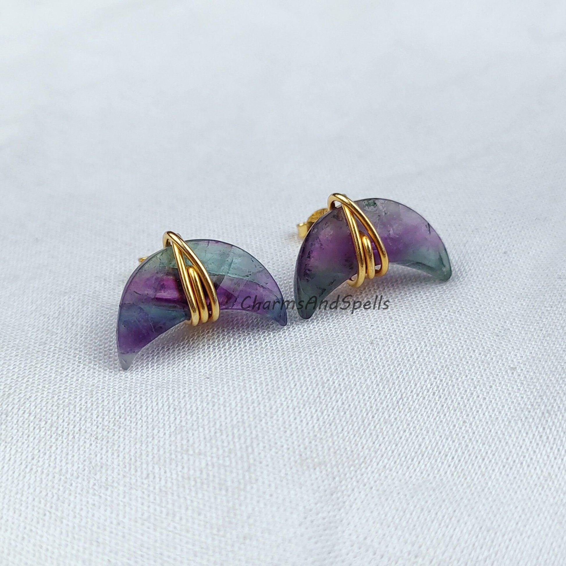 Natural Fluorite Earrings, Moon Shape Stud Earrings, Fluorite Jewellery, Gemstone Stud, Small Crystal Stud Earrings - Charms And Spells