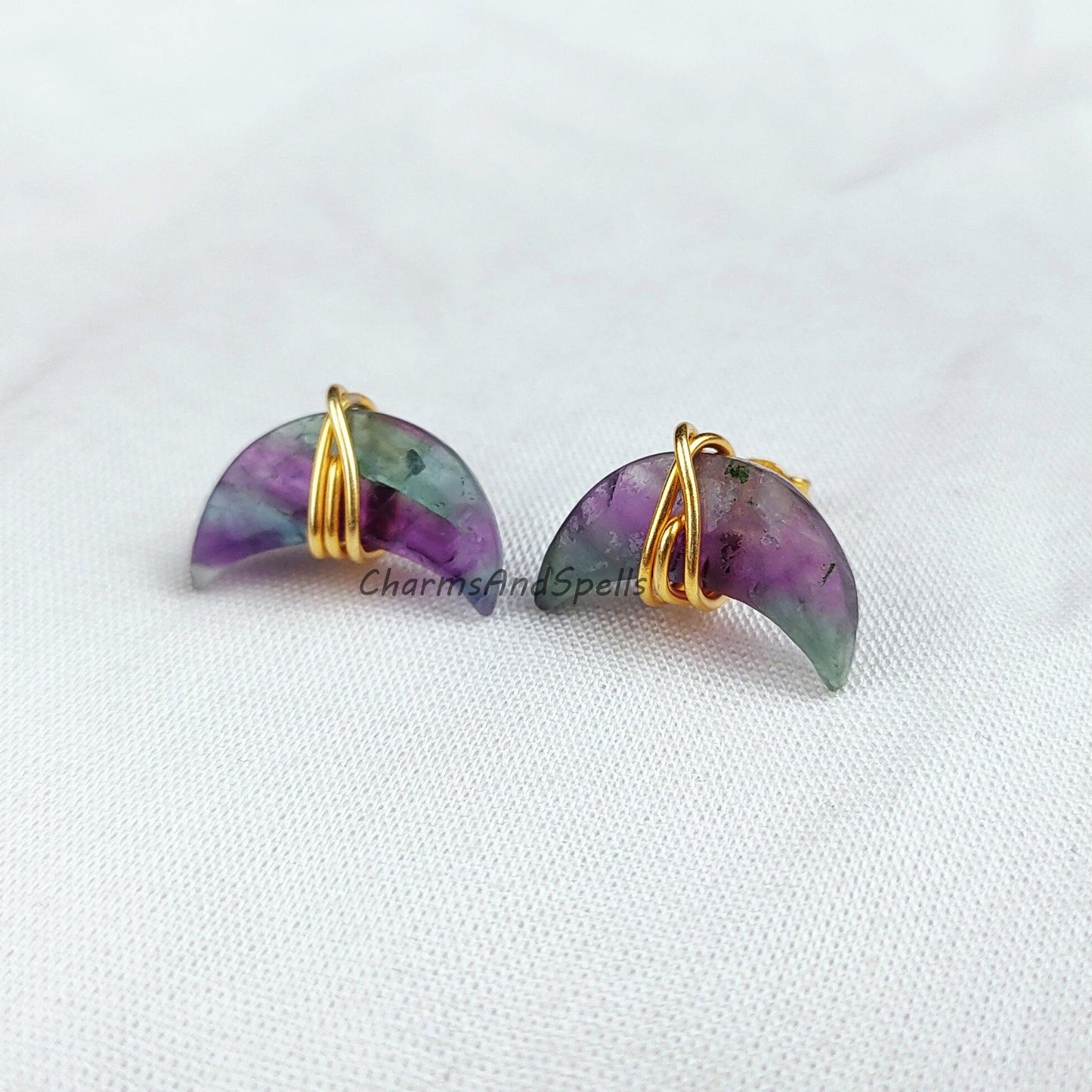 Natural Fluorite Earrings, Moon Shape Stud Earrings, Fluorite Jewellery, Gemstone Stud, Small Crystal Stud Earrings - Charms And Spells