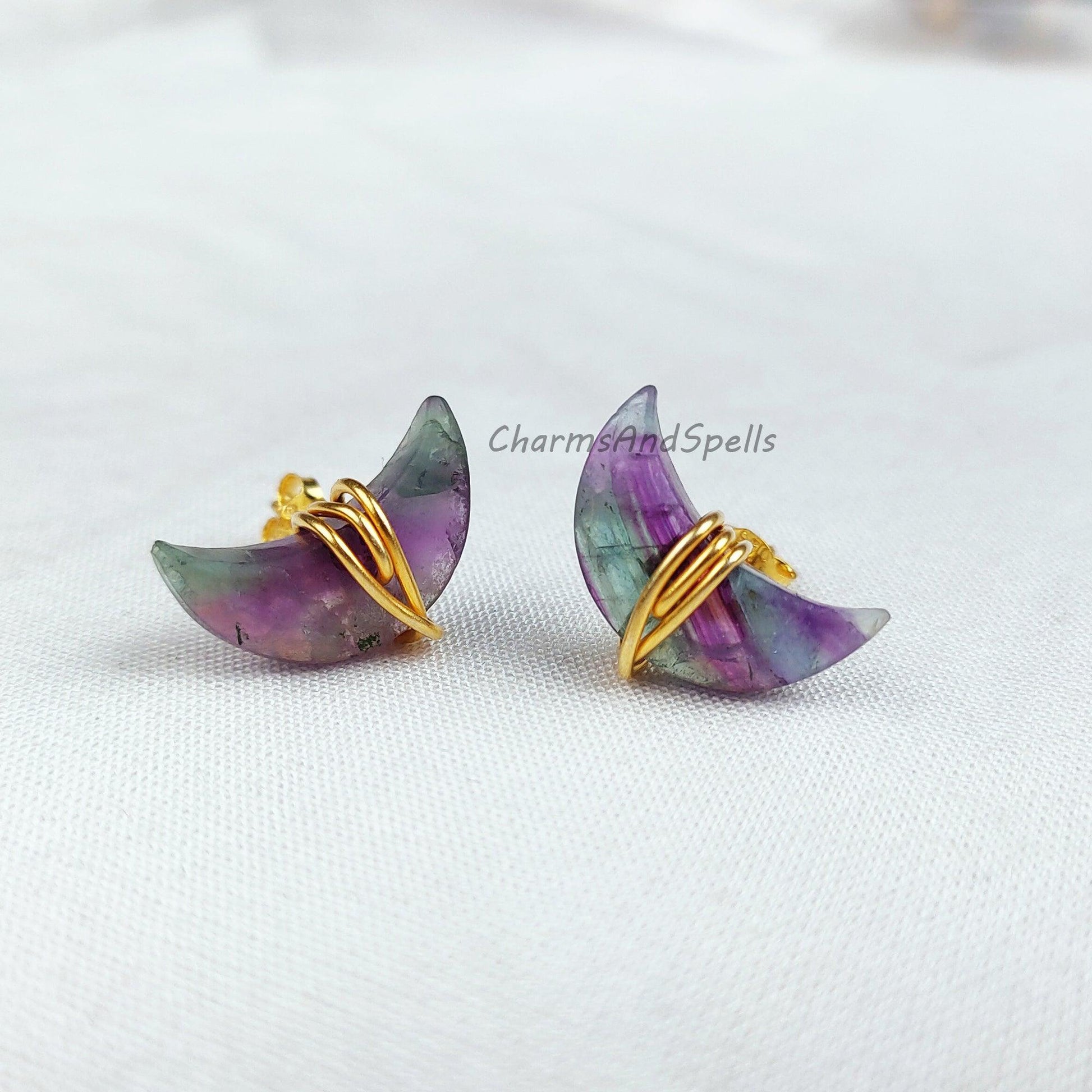 Natural Fluorite Earrings, Moon Shape Stud Earrings, Fluorite Jewellery, Gemstone Stud, Small Crystal Stud Earrings - Charms And Spells