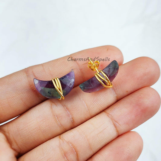 Natural Fluorite Earrings, Moon Shape Stud Earrings, Fluorite Jewellery, Gemstone Stud, Small Crystal Stud Earrings - Charms And Spells