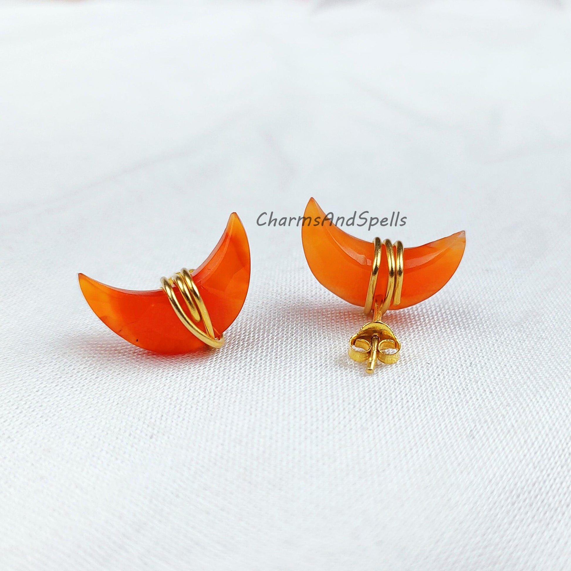 Natural Moon shape Carnelian Studs, Earrings, Birthstone Jewelry, Moon Stone Jewelry, Gemstone Earrings, Orange Earrings - Charms And Spells