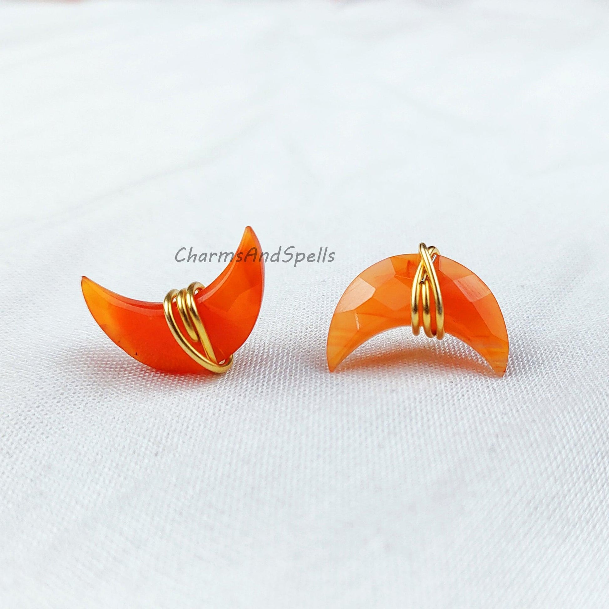 Natural Moon shape Carnelian Studs, Earrings, Birthstone Jewelry, Moon Stone Jewelry, Gemstone Earrings, Orange Earrings - Charms And Spells