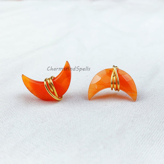 Natural Moon shape Carnelian Studs, Earrings, Birthstone Jewelry, Moon Stone Jewelry, Gemstone Earrings, Orange Earrings - Charms And Spells