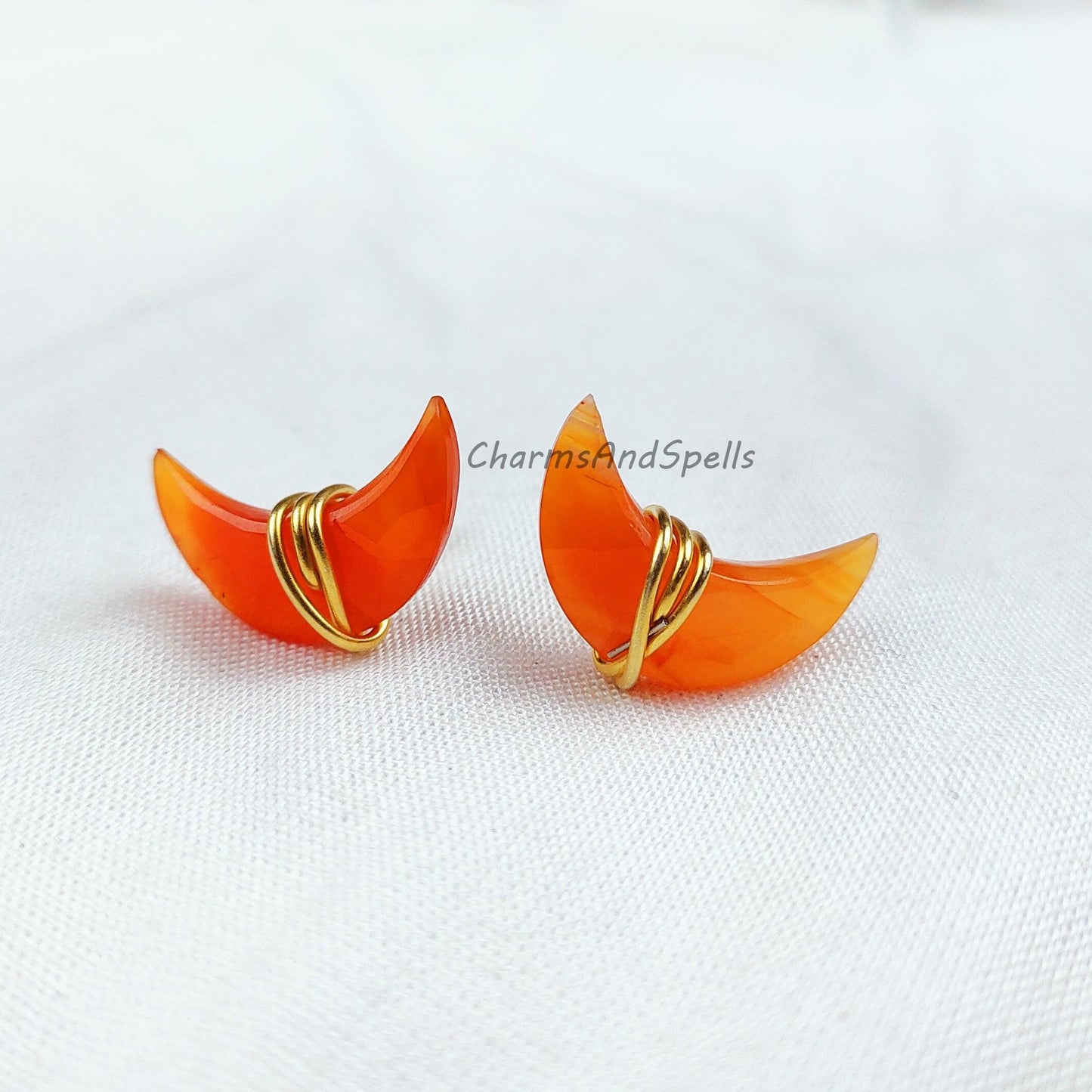 Natural Moon shape Carnelian Studs, Earrings, Birthstone Jewelry, Moon Stone Jewelry, Gemstone Earrings, Orange Earrings - Charms And Spells